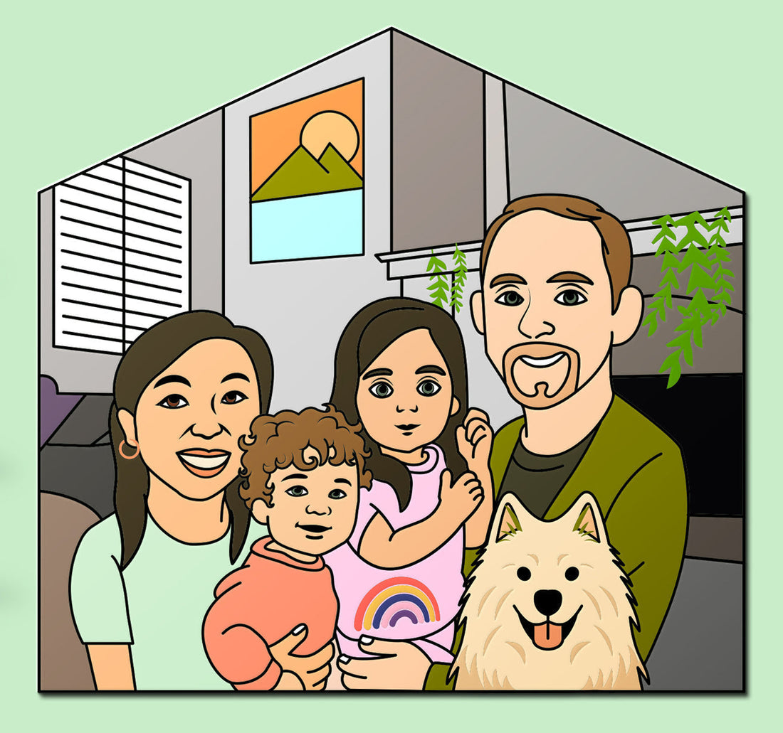 An illustration of the founder's family: her spouse, 2 daughters, and a samoyed in a cozy home, with one more little girl on the way