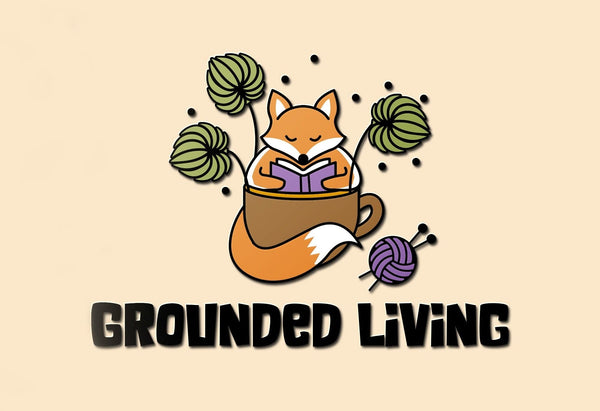 Logo of a fox holding a cup with leaves and a ball of yarn, on a beige background with 'Grounded Living' text.