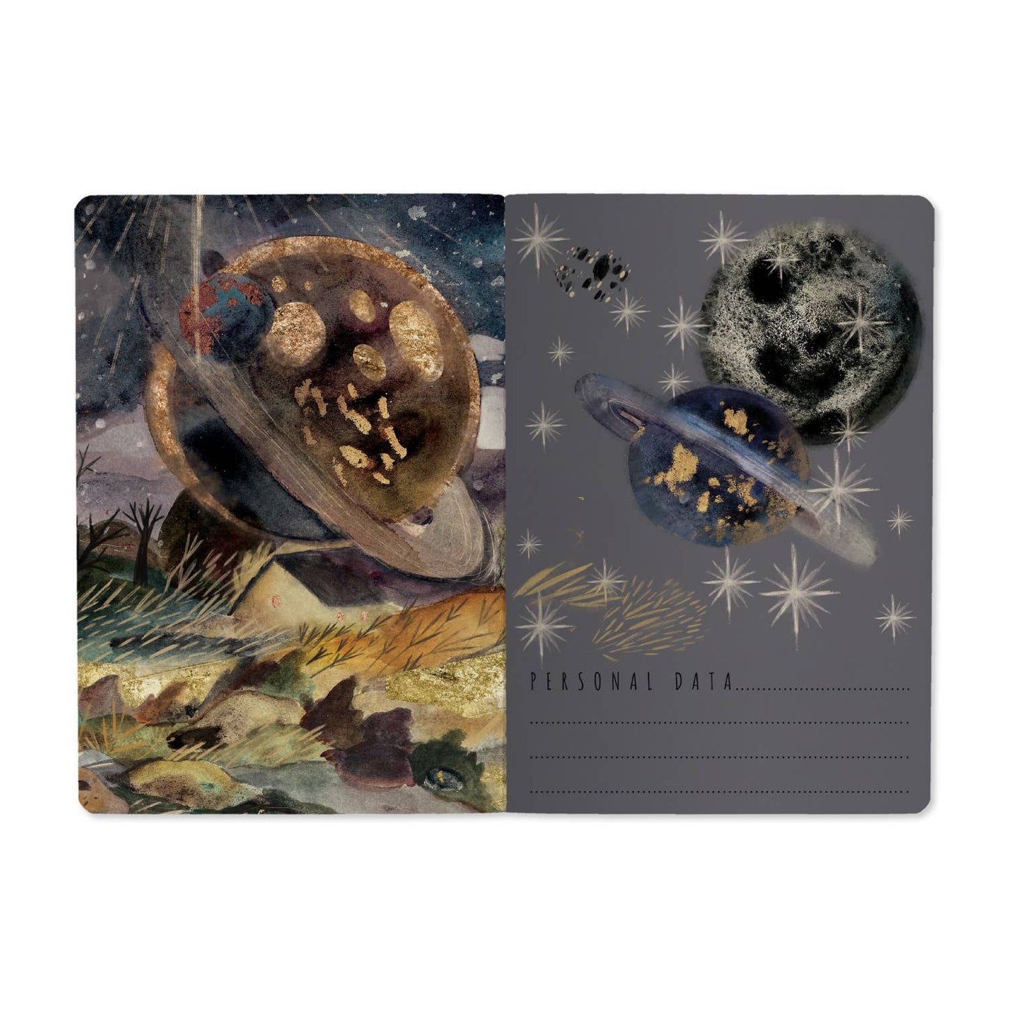 Inside front cover of galaxy patterned notebook